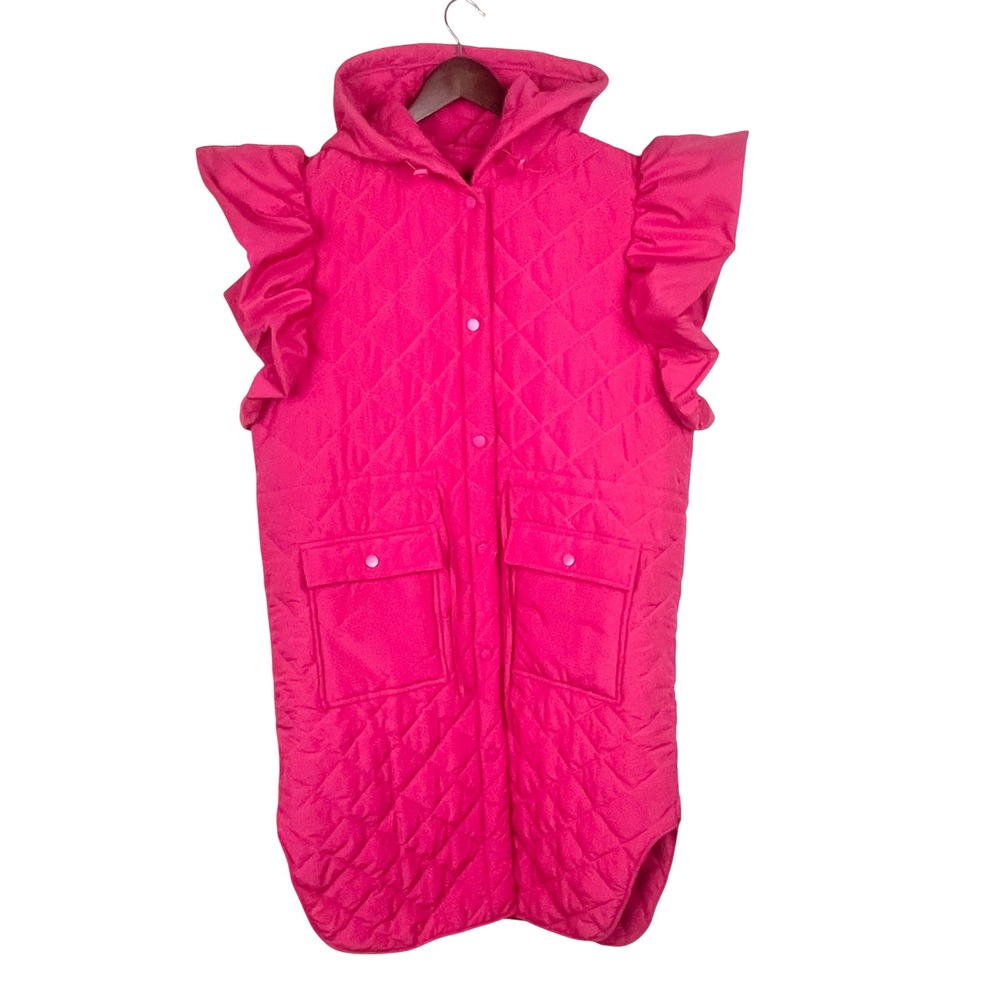 Sleeveless Puffer Vest Sz M Quilted Longline Hooded Ruffle Cottage Maximalist